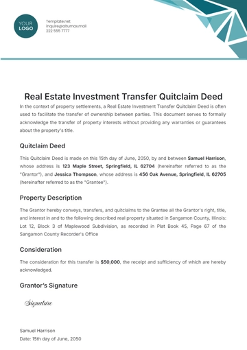 Free Real Estate Investment Transfer Quitclaim Deed Template to Edit Online
