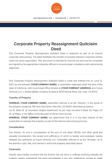 Free Corporate Property Reassignment Quitclaim Deed Template to Edit Online