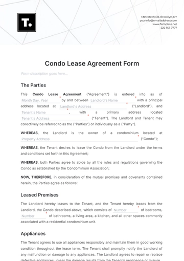 Free Condo Lease Agreement Form Template to Edit Online