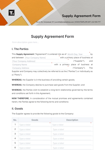 Free Supply Agreement Form Template to Edit Online