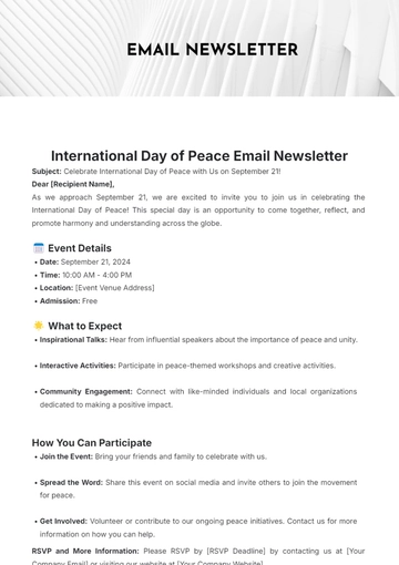 Free International Day of Peace Email Newsletter Template to Edit Online