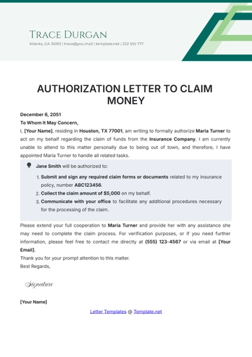 Free Authorization Letter to Claim Money Template to Edit Online