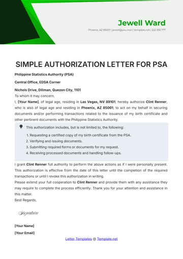 Free Simple Authorization Letter for PSA Template to Edit Online