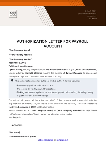 Free Authorization Letter for Payroll Account Template to Edit Online