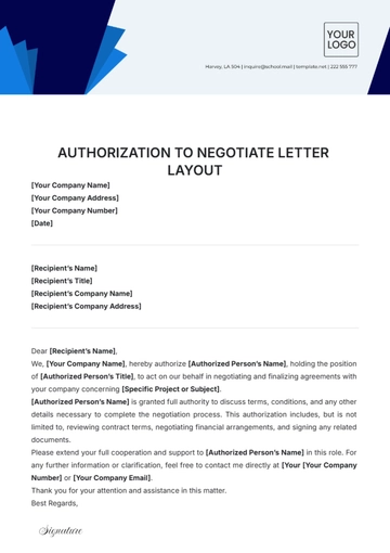 Free Authorization to Negotiate Letter Layout Template to Edit Online