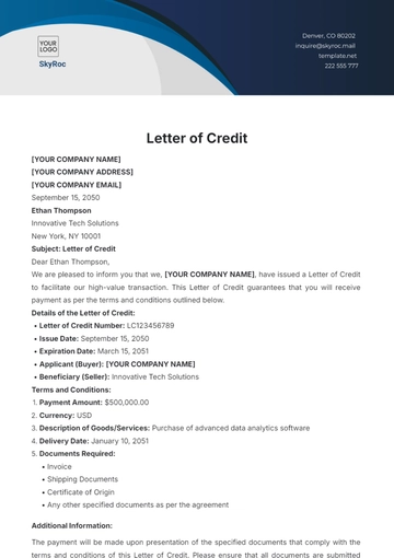 Free Letter of Credit Template to Edit Online