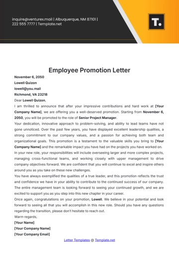 Free Employee Promotion Letter Template to Edit Online