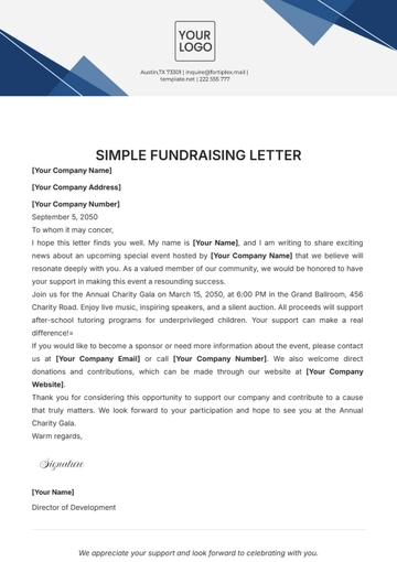 Free Simple Fundraising Letter Template to Edit Online