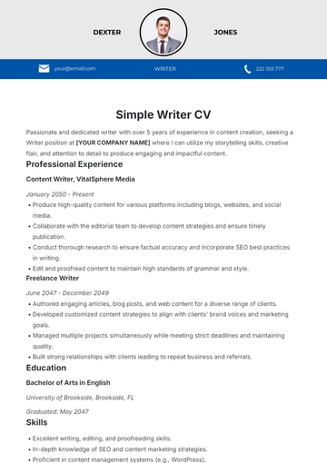 Free Simple Writer CV Template to Edit Online