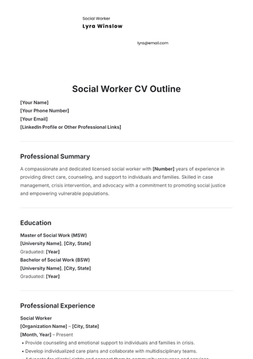 Free Social Worker CV Outline Template to Edit Online