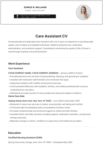 Free Care Assistant CV Template to Edit Online