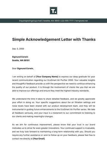 Free Simple Acknowledgement Letter with Thanks Template to Edit Online