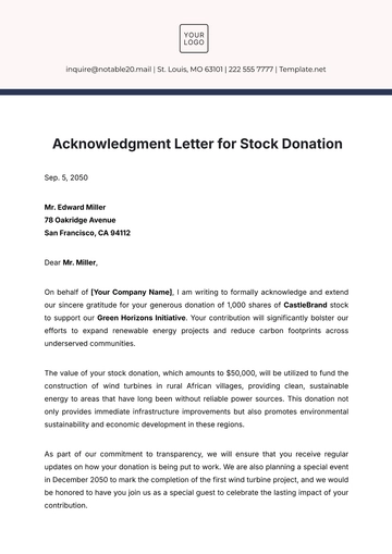 Free Acknowledgement Letter for Stock Donation Template to Edit Online