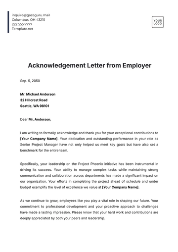 Free Acknowledgement Letter from Employer Template to Edit Online