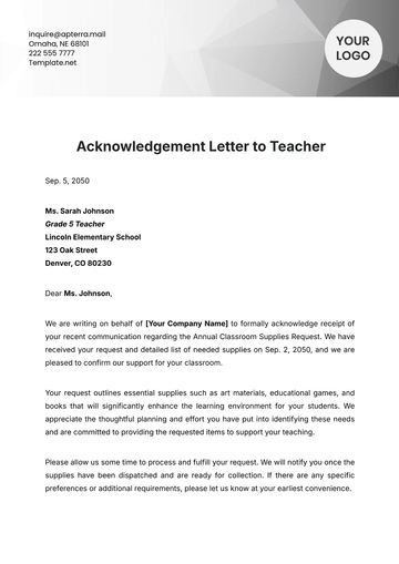 Free Acknowledgement Letter to Teacher Template to Edit Online