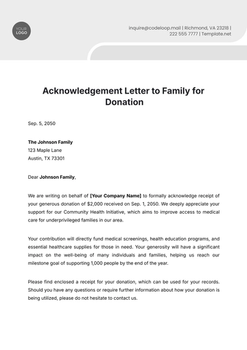 Free Acknowledgement Letter to Family for Donation Template to Edit Online
