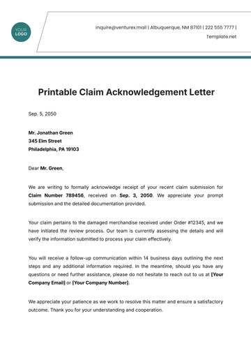 Free Printable Claim Acknowledgement Letter Template to Edit Online