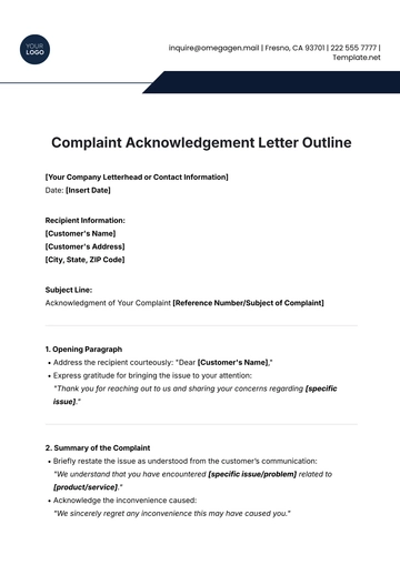 Free Complaint Acknowledgement Letter Outline Template to Edit Online