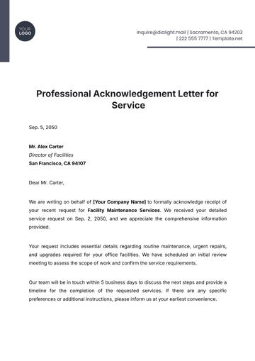 Free Professional Acknowledgement Letter for Service Template to Edit Online