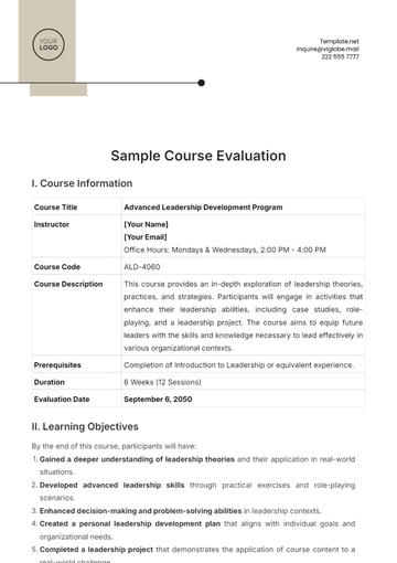 Free Sample Course Evaluation Template to Edit Online