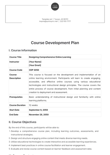 Free Course Development Plan Template to Edit Online