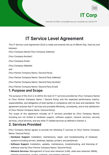 Free IT Service Level Agreement Template to Edit Online