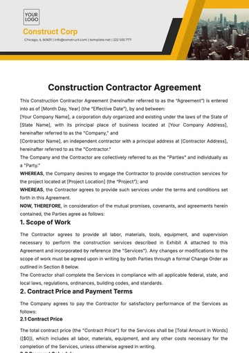 Free Construction Contractor Agreement Template to Edit Online