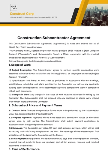 Free Construction Subcontractor Agreement Template to Edit Online