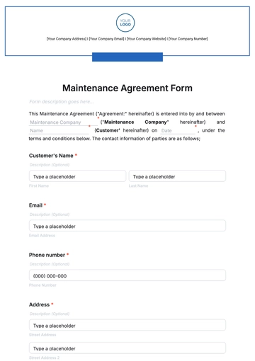 Free Maintenance Agreement Form Template to Edit Online