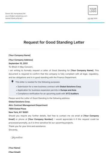 Free Request for Good Standing Letter Template to Edit Online