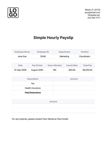 Free Simple Hourly Payslip Template to Edit Online | Template.net