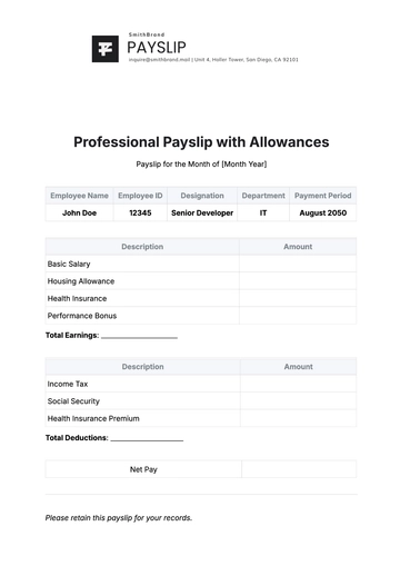 Free Professional Payslip Template with Allowances to Edit Online | Template.net