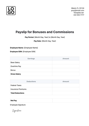 Free Payslip Template for Bonuses and Commissions to Edit Online | Template.net