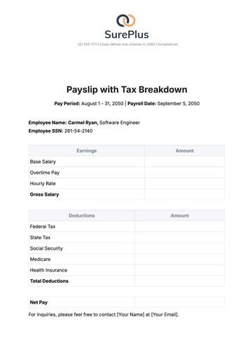 Free Payslip Template with Tax Breakdown to Edit Online | Template.net