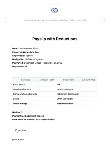 Free Payslip Template with Deductions to Edit Online | Template.net