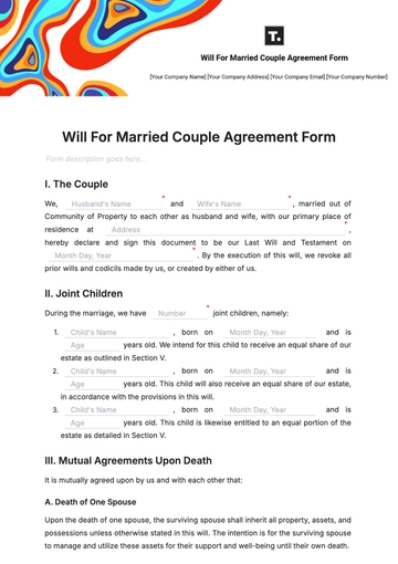 Free Will For Married Couple Agreement Form Template to Edit Online | Template.net