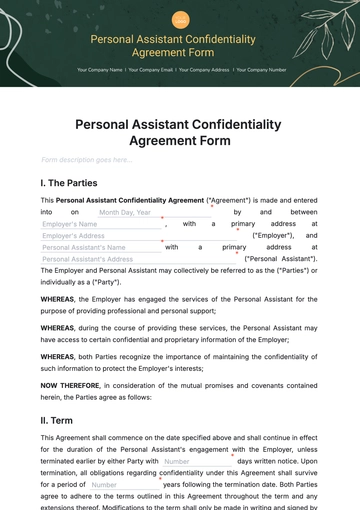 Free Personal Assistant Confidentiality Agreement Form Template to Edit Online