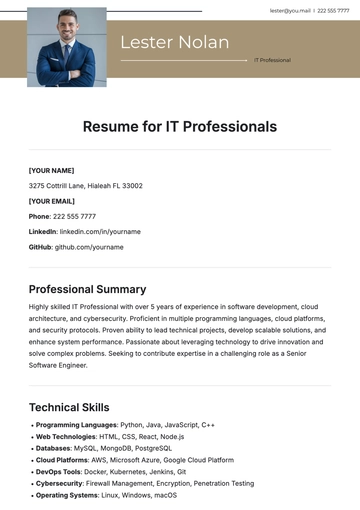 Free Resume Template for IT Professionals to Edit Online