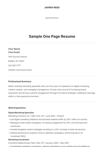 Free Sample One-Page Resume Template to Edit Online