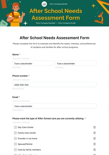 Free After School Needs Assessment Form Template to Edit Online
