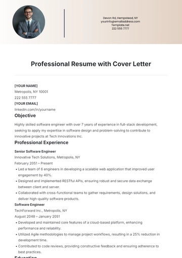 Free Professional Resume Template with Cover Letter to Edit Online