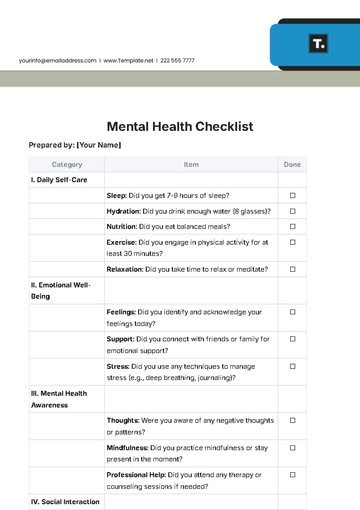 Free Mental Health Checklist Template to Edit Online | Template.net