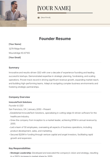 Free Founder Resume Template to Edit Online