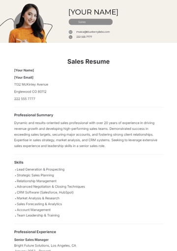 Free Sales Resume Template to Edit Online