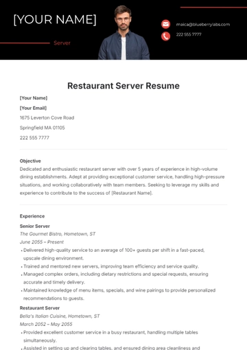 Free Restaurant Server Resume Template to Edit Online