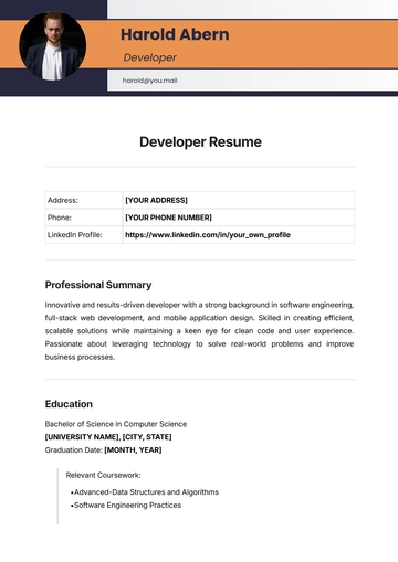 Free Developer Resume Template to Edit Online