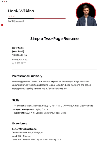 Free Simple Two-Page Resume Template to Edit Online