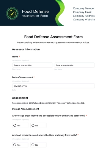Free Food Defense Assessment Form Template to Edit Online
