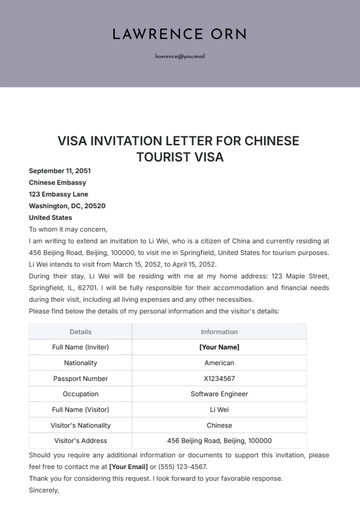 Free Visa Invitation Letter for Chinese Tourist Visa Template to Edit Online