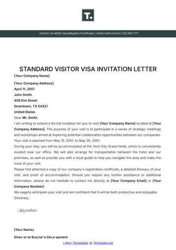 Free Standard Visitor Visa Invitation Letter Template to Edit Online